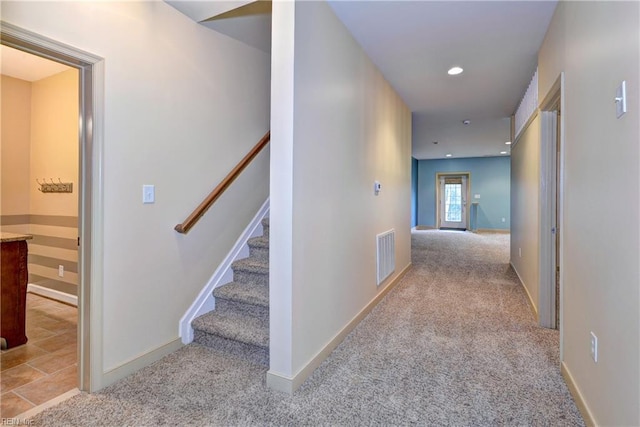 4665 Westhampton, Williamsburg, VA 23188 - hall with recessed lighting, light colored carpet, visible vents, baseboards, and stairs