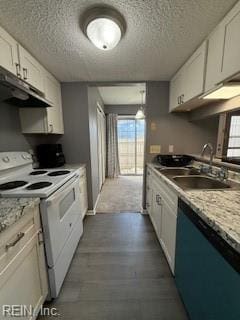 3536 Dublin Ct, Virginia Beach, VA 23453 - kitchen with white cabinets, dishwasher, under cabinet range hood, and white range with electric cooktop