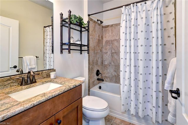 full bath with toilet, tile patterned flooring, vanity, and shower / tub combo with curtain