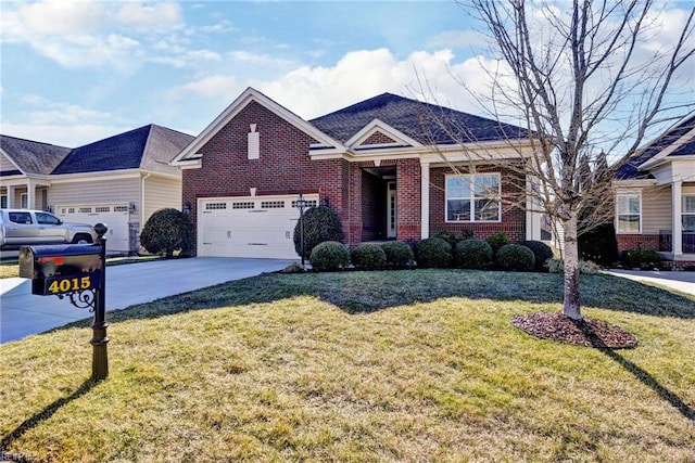 view of front facade with a garage, concrete driveway, brick siding, and a front lawn