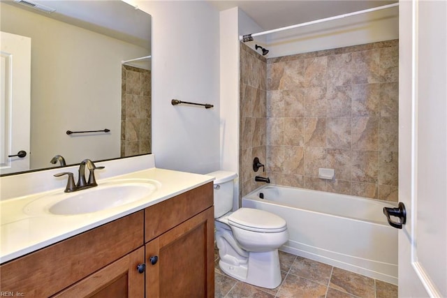 full bathroom featuring visible vents, tub / shower combination, vanity, and toilet