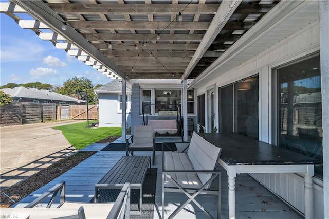 view of patio with fence and a deck