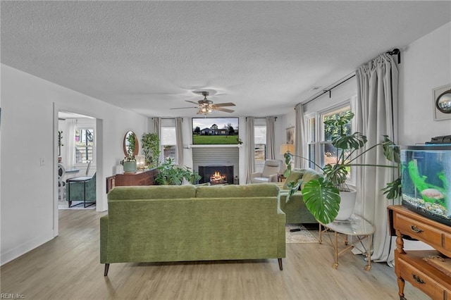 living area with a warm lit fireplace, a textured ceiling, light wood-type flooring, and a healthy amount of sunlight