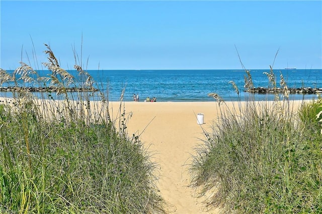 view of water feature with a beach view