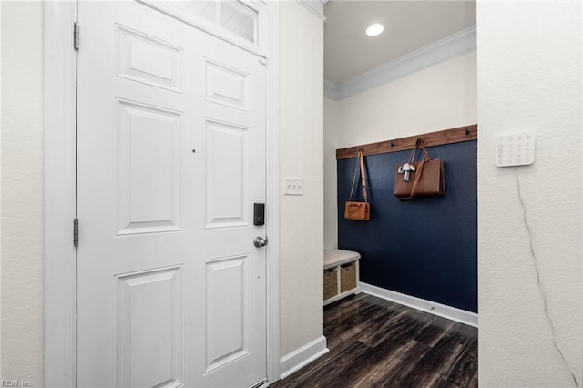 mudroom featuring ornamental molding, recessed lighting, dark wood finished floors, and baseboards