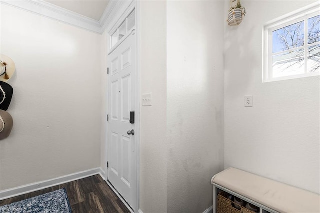 entryway with dark wood finished floors, crown molding, and baseboards