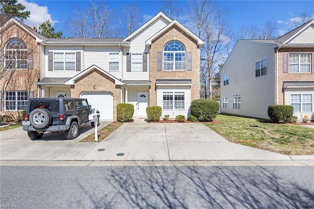 view of property featuring concrete driveway, brick siding, and an attached garage