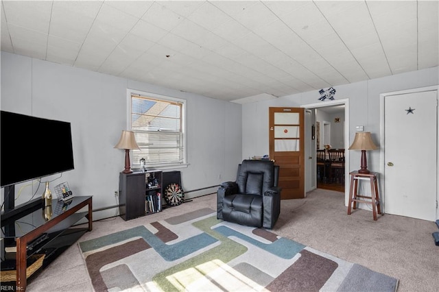 living area featuring light carpet and a baseboard radiator