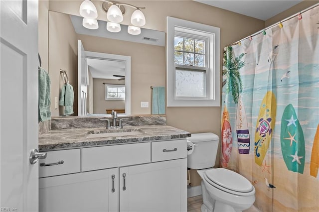 bathroom featuring toilet, curtained shower, a wealth of natural light, and vanity