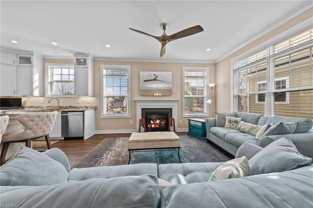 living room featuring a glass covered fireplace, a healthy amount of sunlight, crown molding, and baseboards