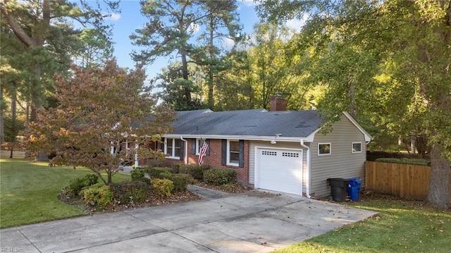 ranch-style home with a garage, driveway, brick siding, a chimney, and a front yard