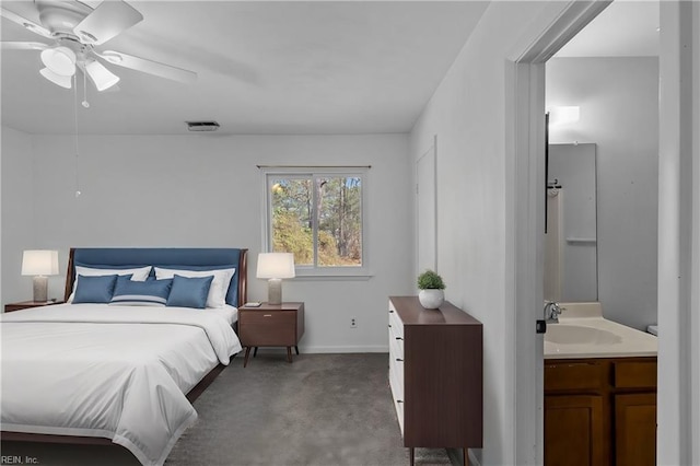 bedroom with ceiling fan, concrete floors, a sink, visible vents, and baseboards