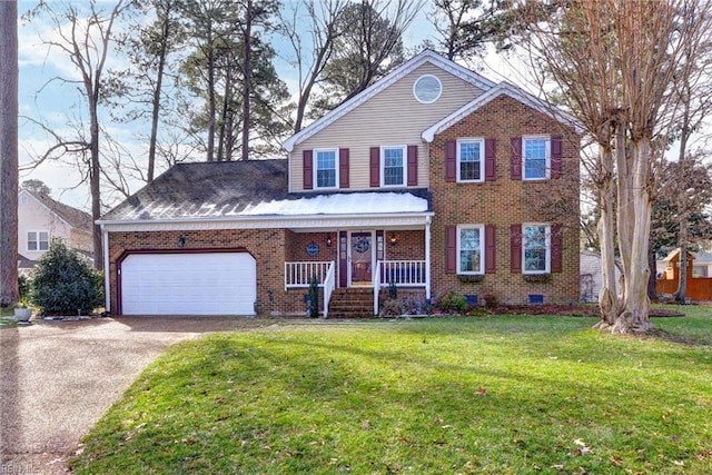 view of front facade featuring aphalt driveway, a porch, an attached garage, brick siding, and a front lawn