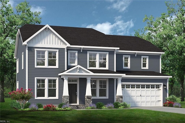 view of front of home with board and batten siding, a front yard, concrete driveway, and an attached garage