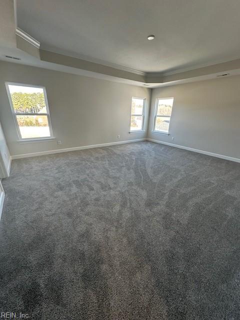 carpeted empty room featuring a raised ceiling, crown molding, and baseboards