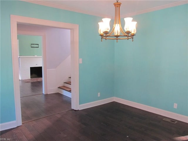 unfurnished dining area with visible vents, baseboards, stairs, dark wood-style floors, and an inviting chandelier