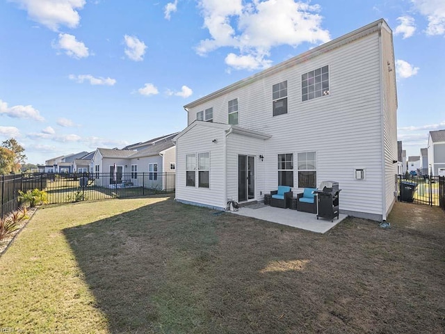 back of property featuring an outdoor hangout area, a patio, a lawn, and a fenced backyard