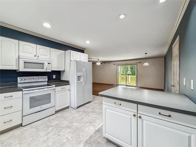 kitchen featuring white appliances, white cabinetry, open floor plan, dark countertops, and pendant lighting