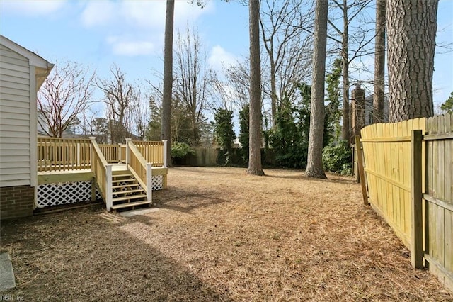 view of yard featuring a fenced backyard and a wooden deck