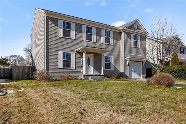 view of front of house featuring a garage, fence, and a front lawn