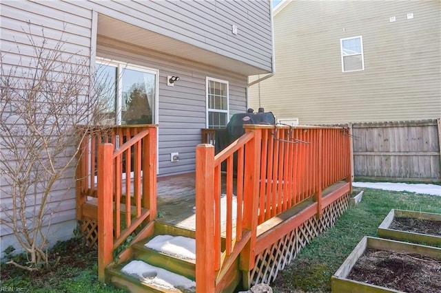 deck with a vegetable garden and fence