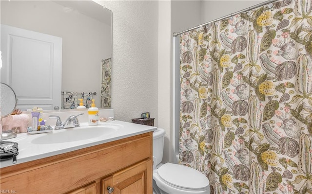 bathroom featuring toilet, a textured wall, and vanity