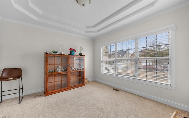 interior space featuring a tray ceiling, carpet flooring, visible vents, and baseboards