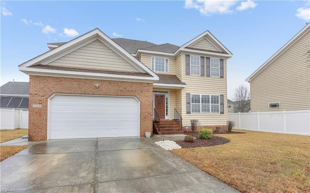 traditional-style house featuring a garage, brick siding, fence, concrete driveway, and a front lawn