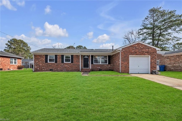 ranch-style house with brick siding, concrete driveway, an attached garage, crawl space, and a front lawn