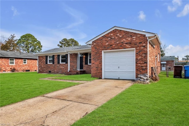 single story home with a garage, brick siding, concrete driveway, crawl space, and a front yard