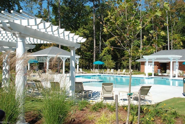 community pool with a patio area and a pergola