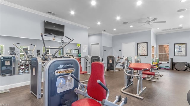 exercise room with ornamental molding, visible vents, and recessed lighting