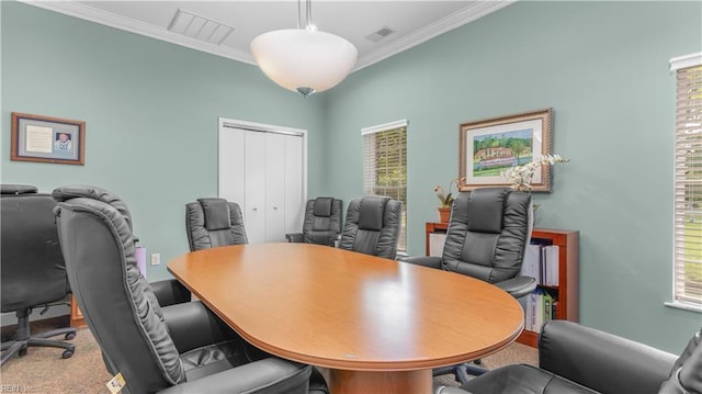 office area featuring ornamental molding and visible vents