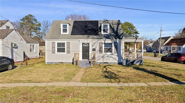 view of front of property featuring crawl space, roof with shingles, a front lawn, and covered porch