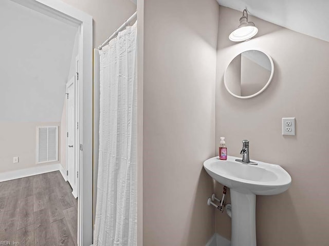 bathroom featuring wood finished floors, visible vents, and baseboards