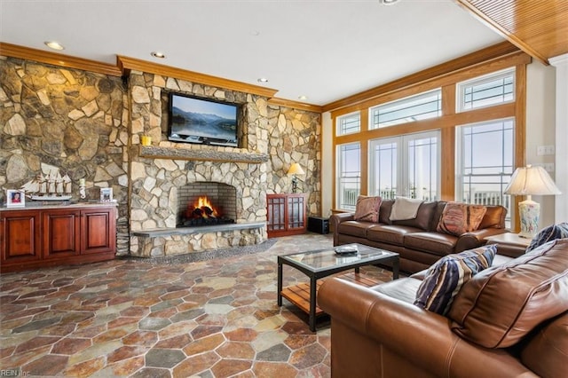 9954 Bonniville Rd, Hayes, VA 23072 - living room featuring a stone fireplace, ornamental molding, french doors, and stone finish flooring