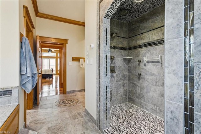 9954 Bonniville Rd, Hayes, VA 23072 - bathroom with baseboards, ensuite bath, ornamental molding, vanity, and a shower stall