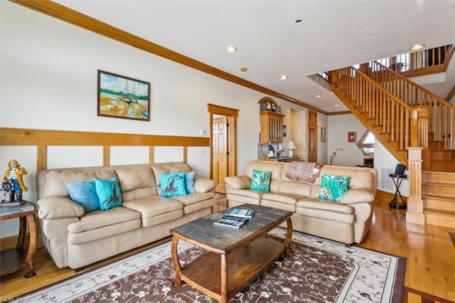 9954 Bonniville Rd, Hayes, VA 23072 - living area featuring recessed lighting, crown molding, stairway, and wood finished floors