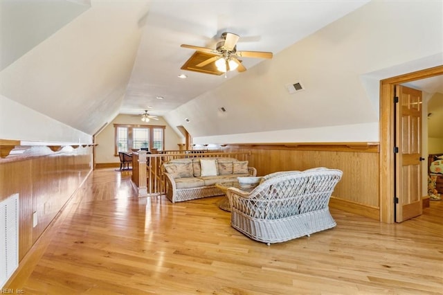 9954 Bonniville Rd, Hayes, VA 23072 - additional living space with light wood finished floors, ceiling fan, visible vents, and vaulted ceiling