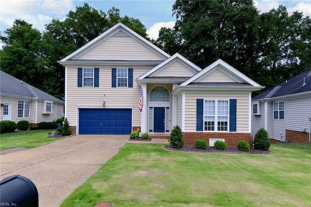 view of front of house with a garage, brick siding, driveway, and a front lawn