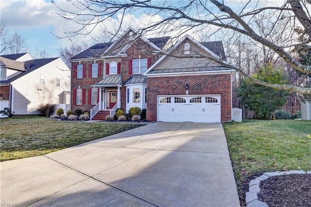 view of front facade featuring a front yard, concrete driveway, brick siding, and an attached garage