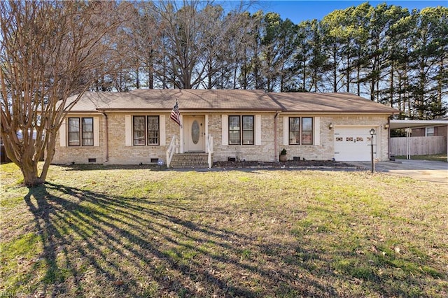 ranch-style home featuring brick siding, concrete driveway, an attached garage, a front yard, and crawl space