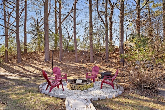 view of yard with a fire pit