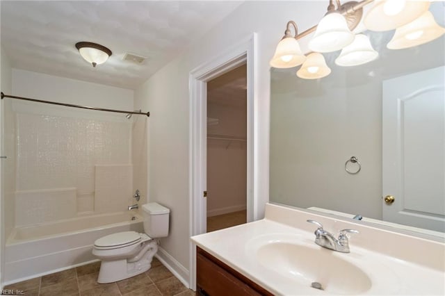 bathroom featuring shower / washtub combination, visible vents, toilet, vanity, and tile patterned flooring