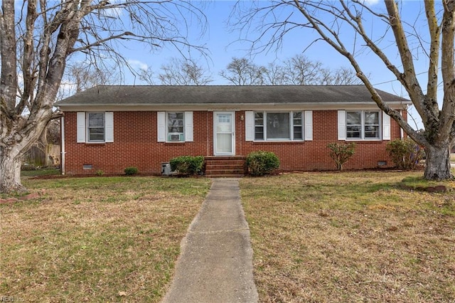 single story home featuring brick siding, crawl space, and a front lawn