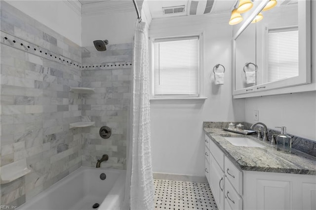 full bath with crown molding, vanity, baseboards, visible vents, and shower / bathtub combination with curtain