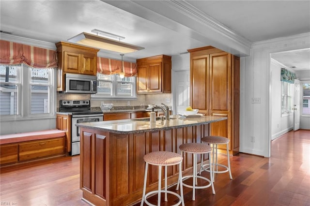 kitchen with appliances with stainless steel finishes, dark wood-type flooring, a sink, and ornamental molding