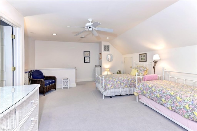 carpeted bedroom featuring recessed lighting, visible vents, baseboards, vaulted ceiling, and a ceiling fan