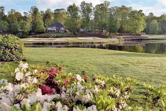 view of property's community featuring a water view and a lawn