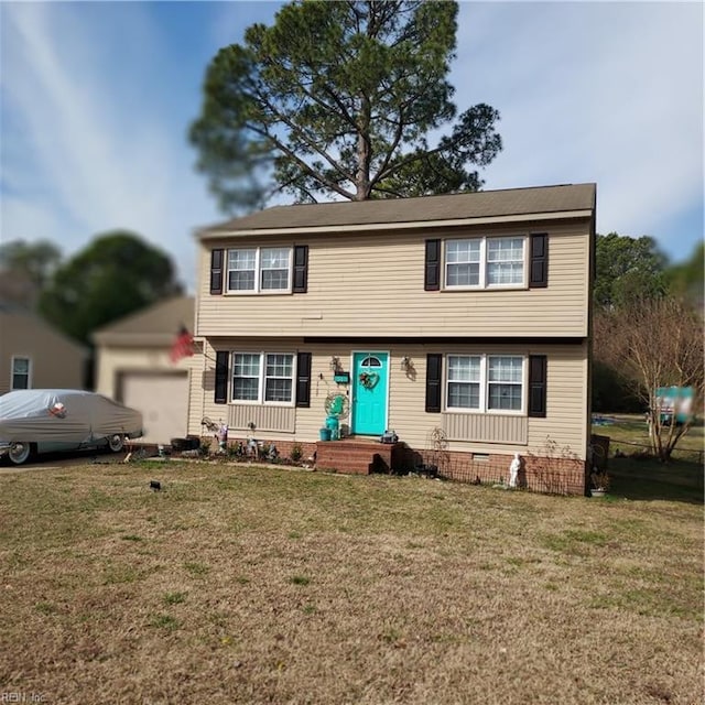 colonial-style house with a garage, a front lawn, and crawl space